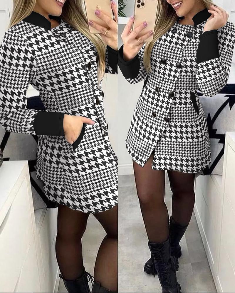 

Contrast Paneled Houndstooth Print Pocket Design Coat, Black
