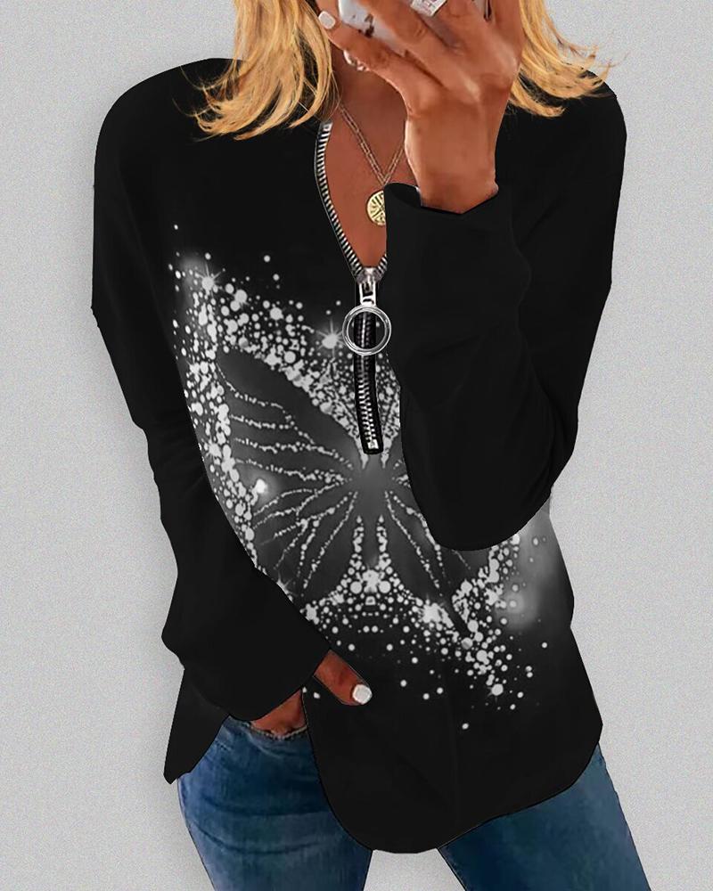 

Butterfly Print Zipper Design Top, Silver