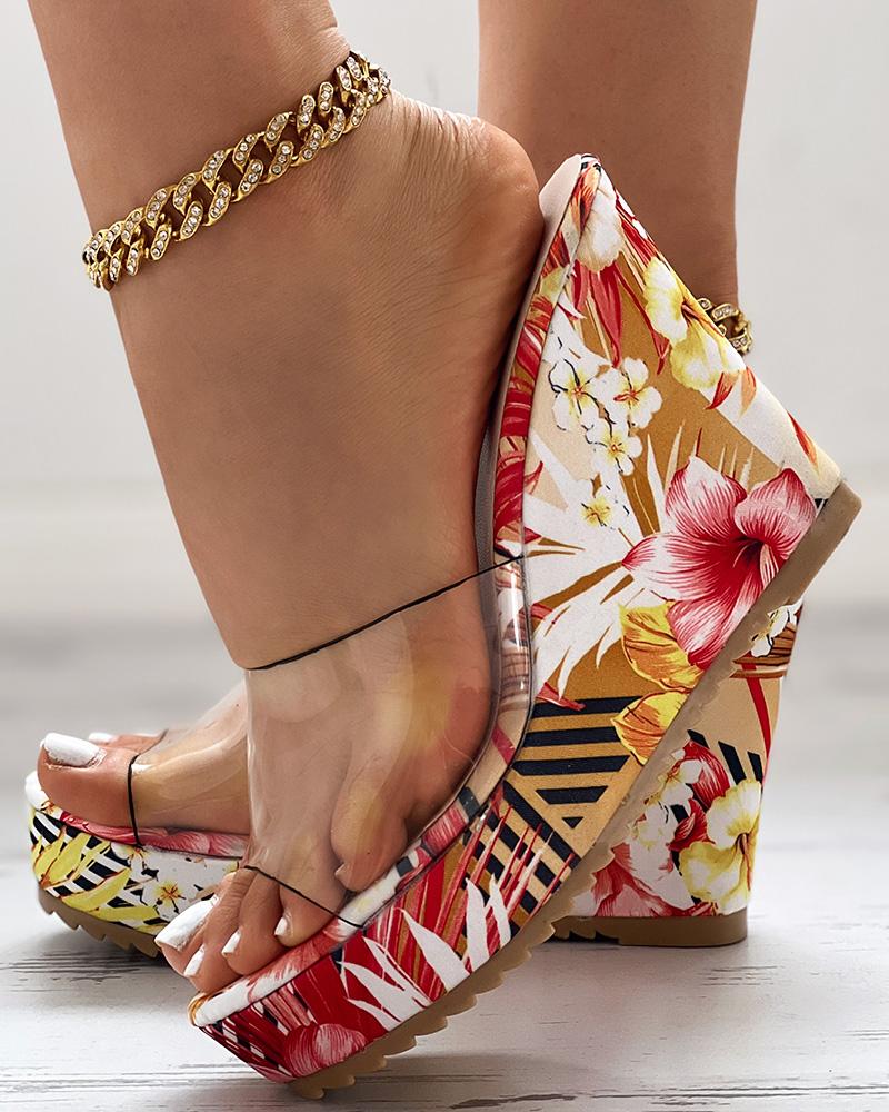 

Peep Toe Floral Print Wedges Sandals, Red