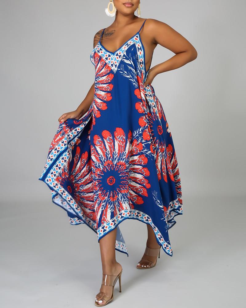 

Spaghetti Strap Print Irregular Dress, Blue