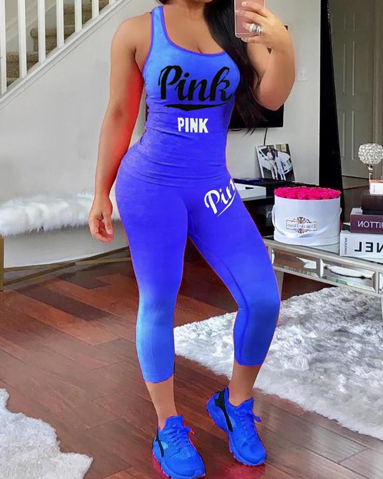 

Letter Print Ombre Tank Top & Pocket Design Pants Set, Dark blue