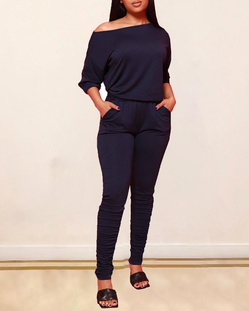 

One Shoulder Top & High Waist Pocket Design Pants Set, Black