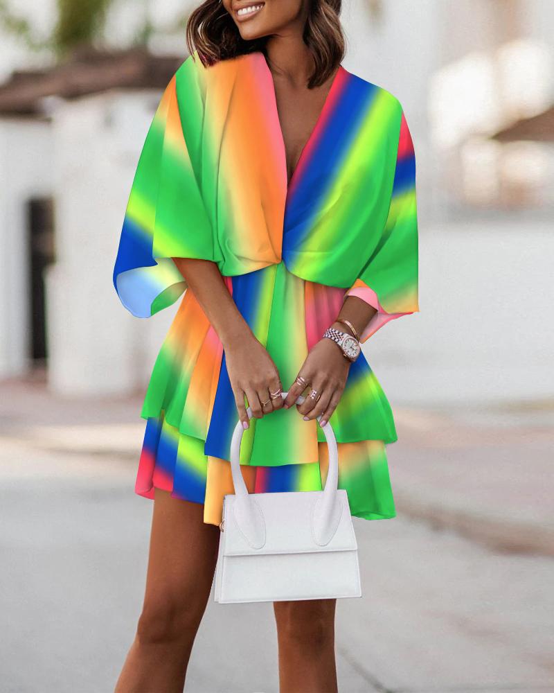 

Rainbow Ombre Twist Design Batwing Sleeve Casual Dress, Multicolor