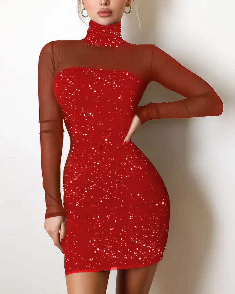 

Glitter High Neck Contrast Mesh Bodycon Dress, Red