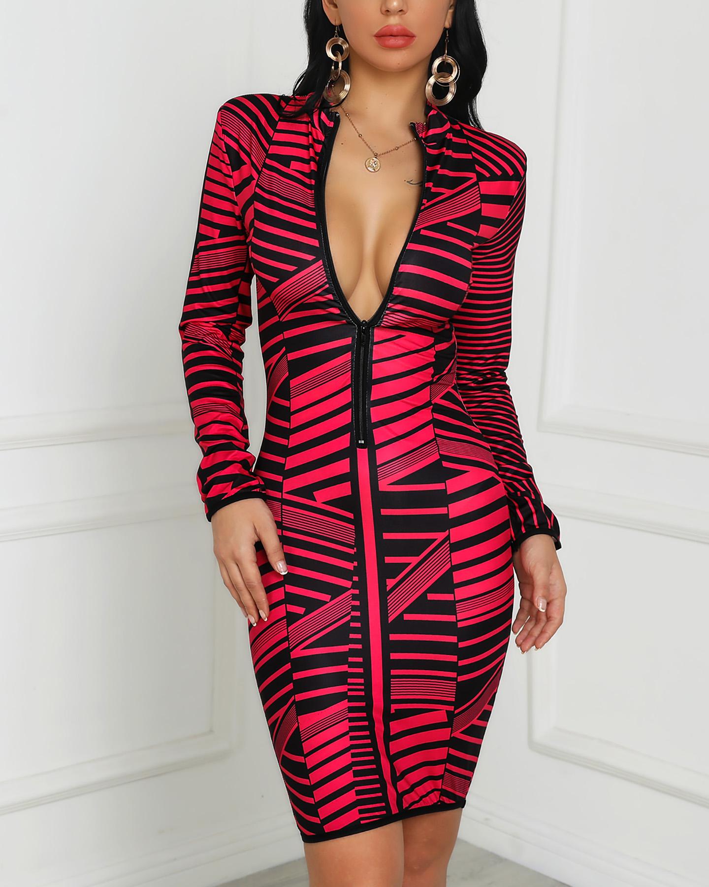 

Contrast Stripes Long Sleeve Zipper Bodycon Women Dress, Hot pink