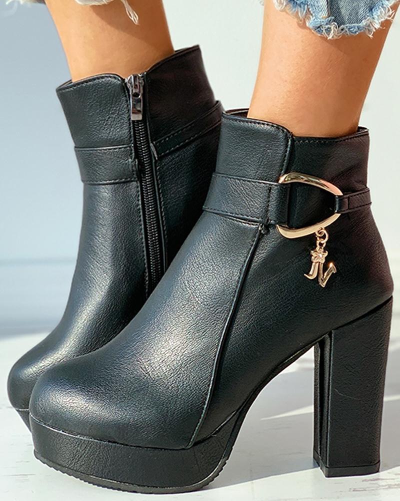 

Metal Decor Zipper Design Chunky Boots, Black