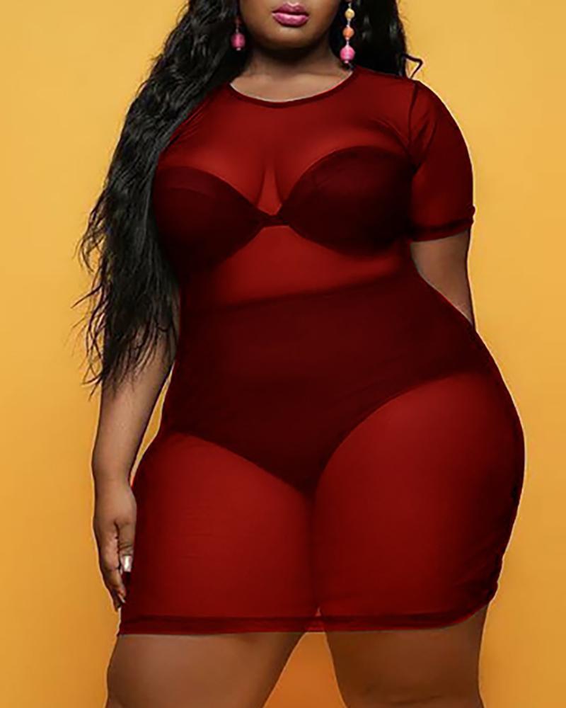 

Plus Size Sheer Mesh Short Sleeve Bodycon Dress Without Lining, Red