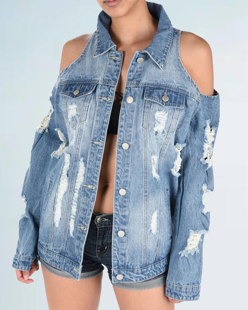 

Cold Shoulder Flap Detail Button Through Ripped Denim Coat, Lighted blue