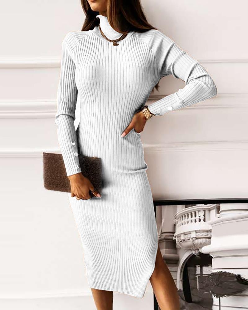 

Buttoned Long Sleeve Slit Sweater Dress, White