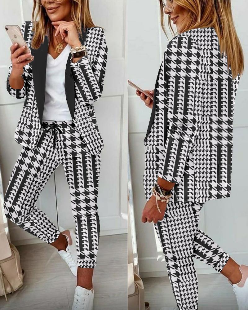 

Houndstooth Print Blazer Coat & Drawstring Pants Set, Black