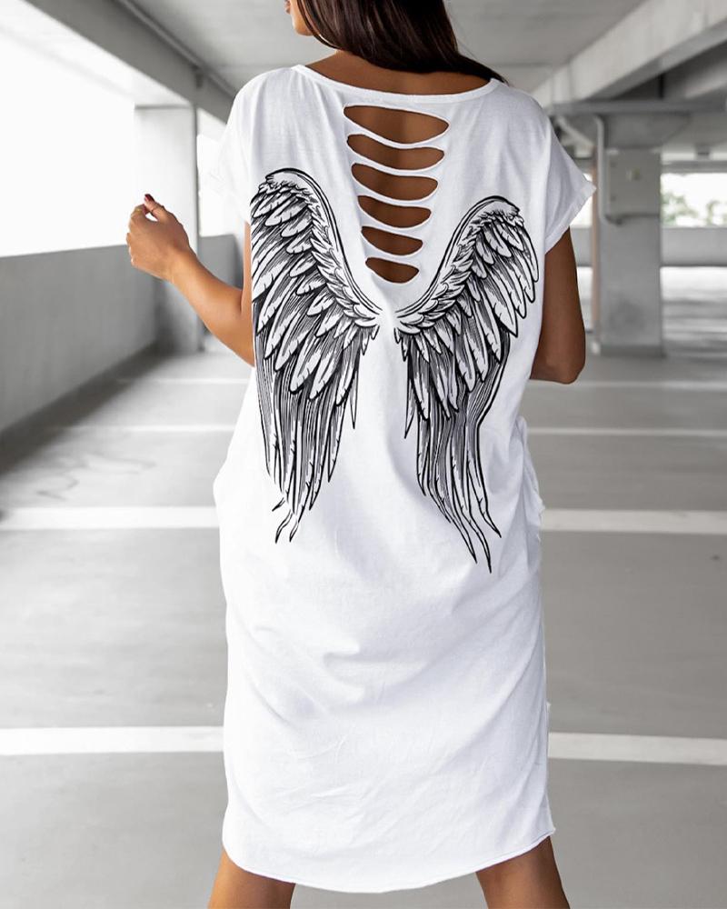 

Wings Print Cutout Casual Dress, White