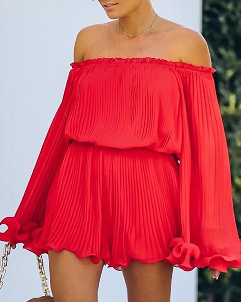 

Off Shoulder Frill Hem Ruffles Pleated Dress, Red