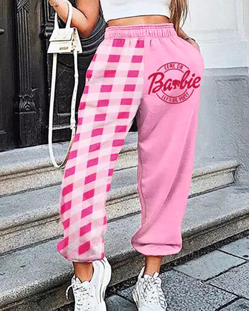 

Plaid Come On Barbie Let' Go Party Print Pocket Design Pants, Pink