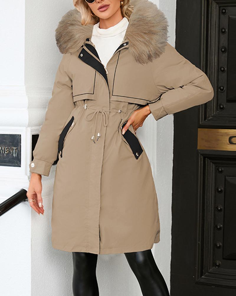 

Women's Parka Casual Winter Long Coat Zipper Pocket Design Drawstring Lined Reversible Faux Fur Collar Jacket, Khaki