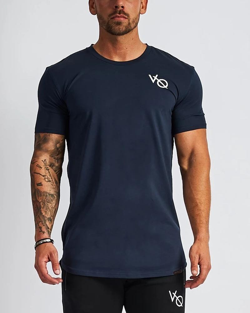 

Solid Color Splicing Letter Short Sleeve Sport T-shirt, Purplish blue