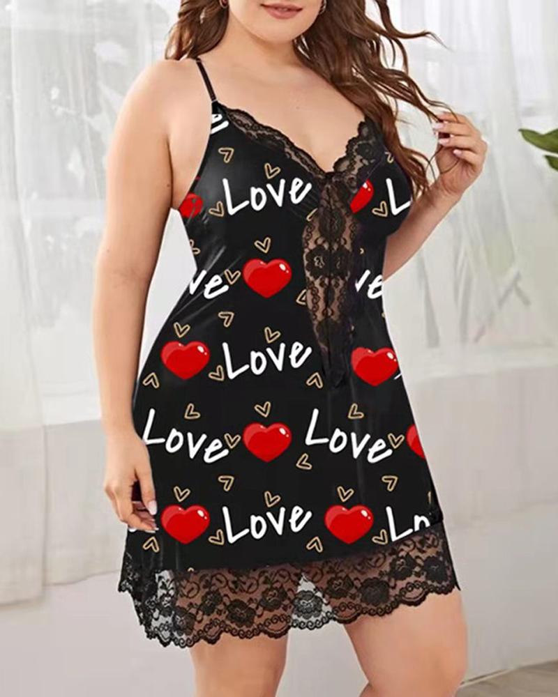 

Plus Size Love Heart Print Contrast Lace Babydoll, Black