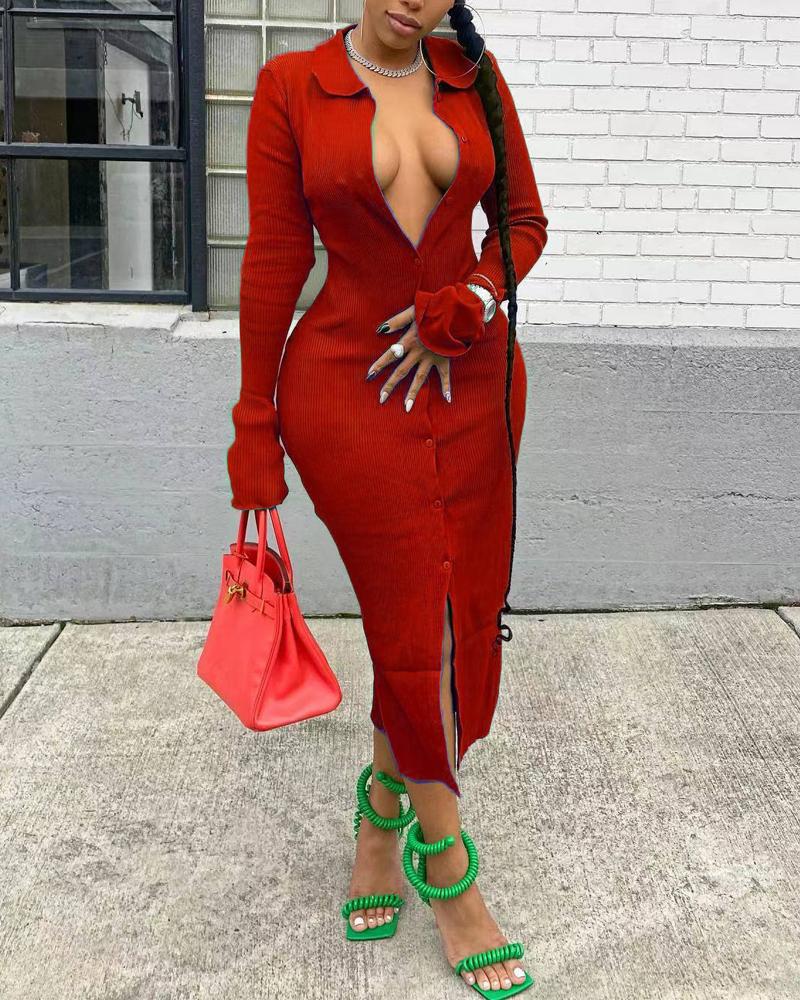 

Bell Sleeve Button Front Ribbed Dress, Wine red