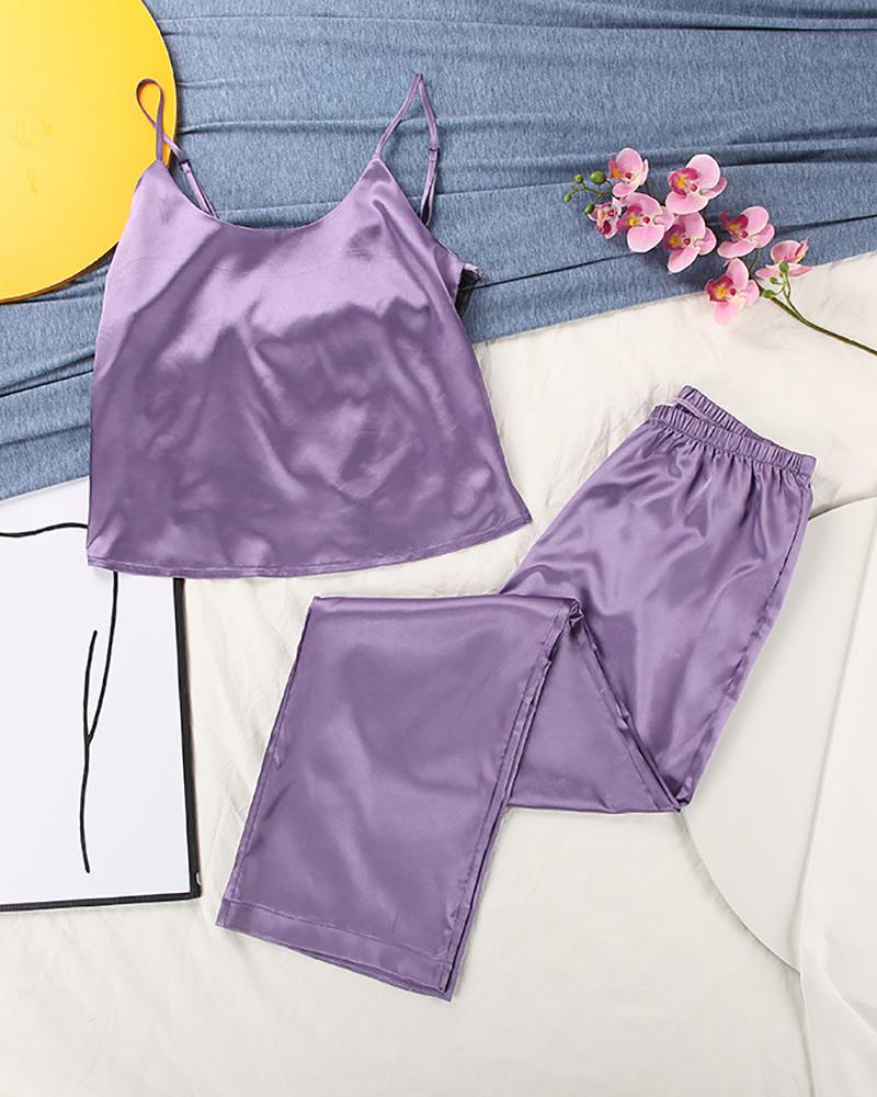 

Crochet Lace Patch U-Neck Cami Set, Purple
