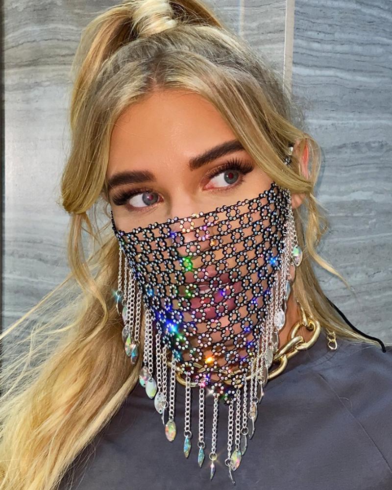 

Rhinestone Chain Tassel Cutout Face Bandana, Black