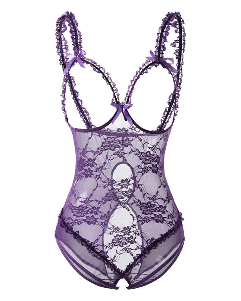 

Crochet Lace Bowknot Open Crotch Teddy, Purple