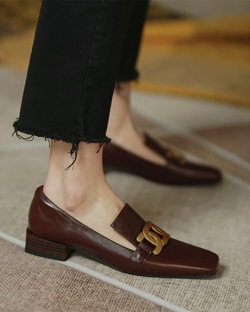 

Link Chain Square Toe Slit Loafers, Brown