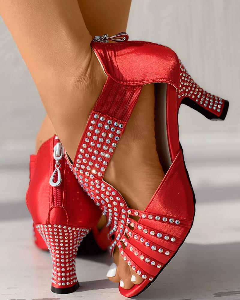 

Peep Toe Zip Back Rhinestone Latin Dace Shoes, Red