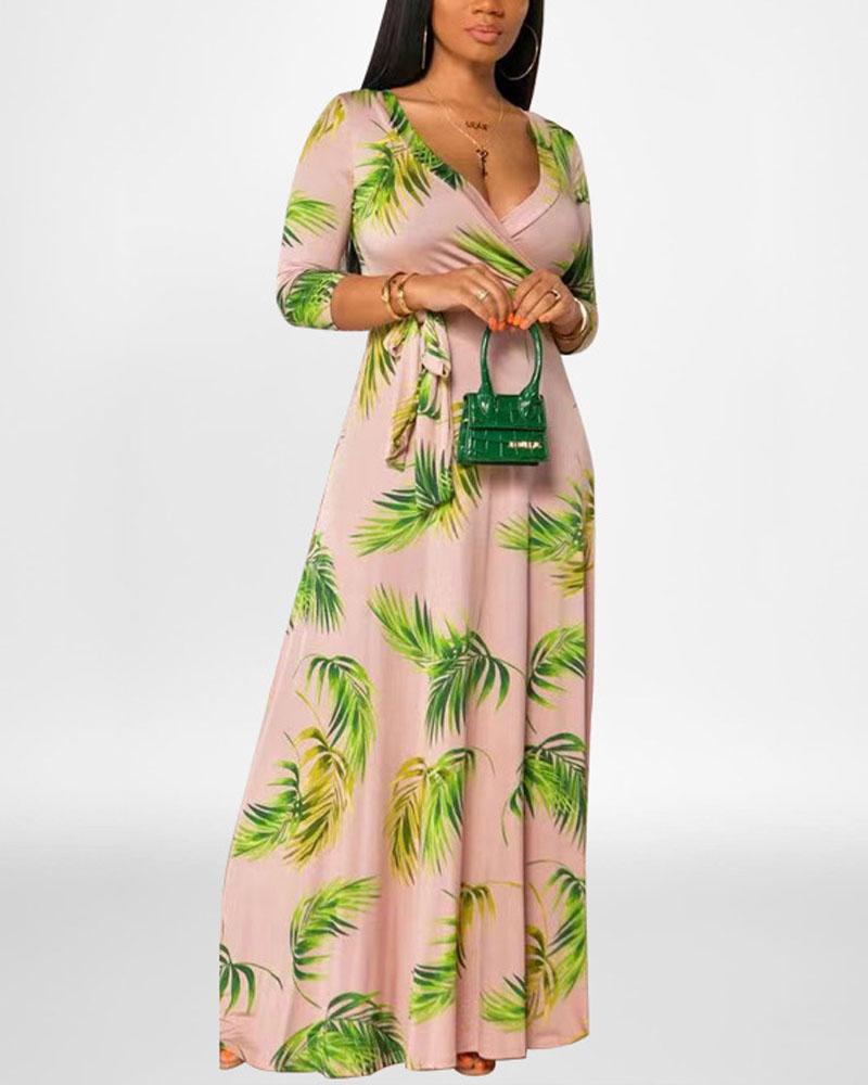 

Plus Size Tropical Print Belted Wrap Maxi Dress, Pink