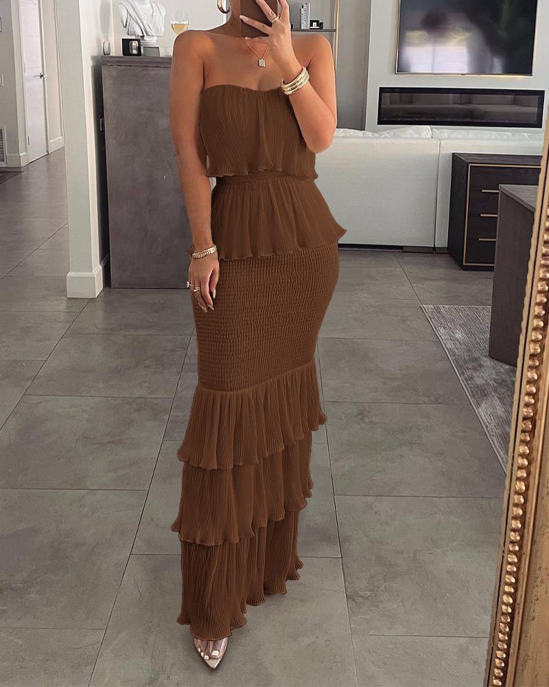 

Bandeau Shirred Ruffle Hem Layered Dress, Coffee