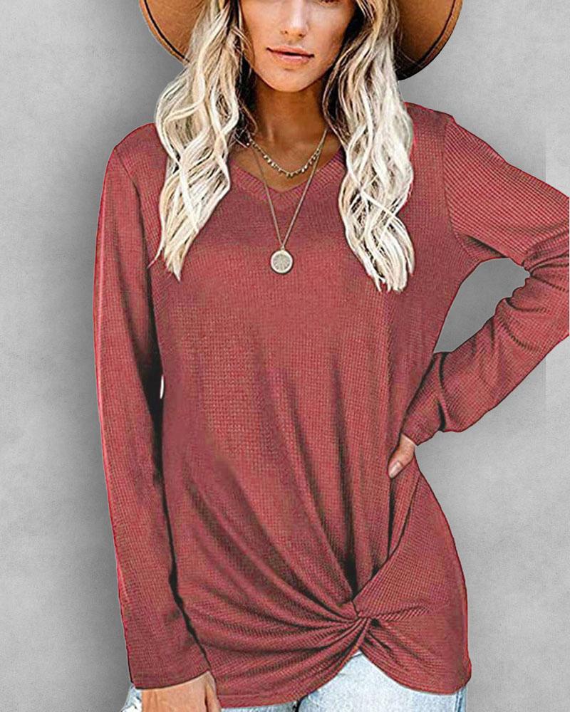 

Twist Front Long Sleeve Waffle Knit Top, Wine red