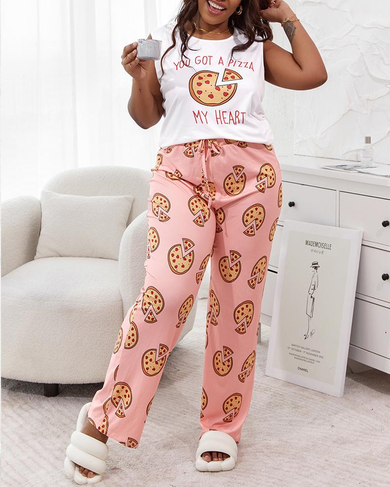 

Plus Size Letter Pizza Print Sleeveless Drawstring Pajamas Set, Pink