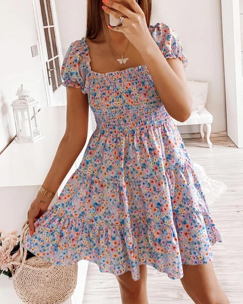 

Shirred Ruffle Hem Ditsy Floral Print Dress, Lighted blue