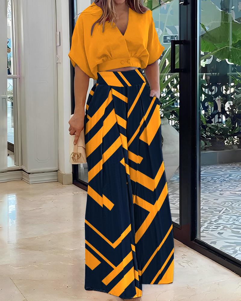 

Batwing Sleeve Top & Geometric Print Wide Leg Pants Set, Yellow
