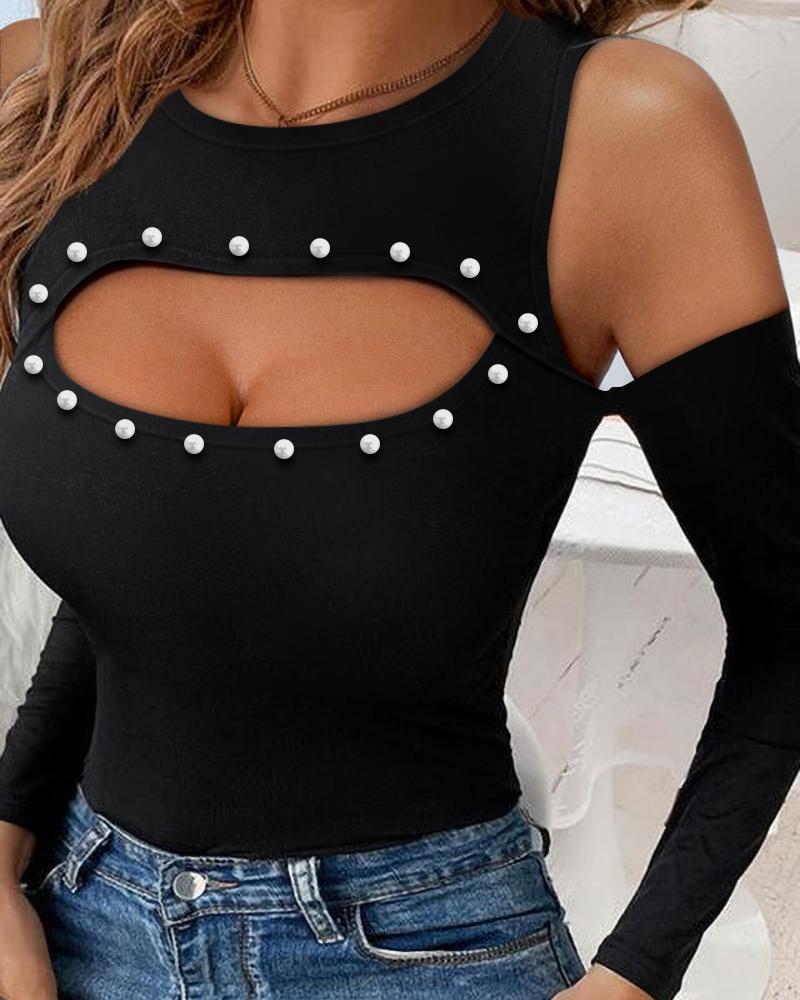 

Beaded Decor Cold Shoulder Long Sleeve Top, Black