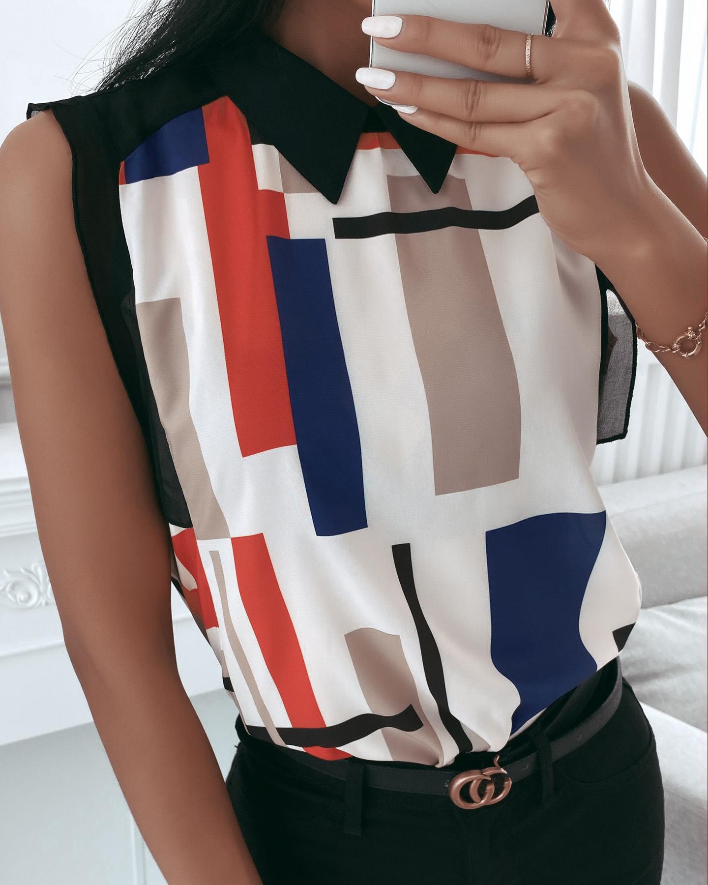 

Sleeveless Asymmetrical Print Colorblock blouse, Style1
