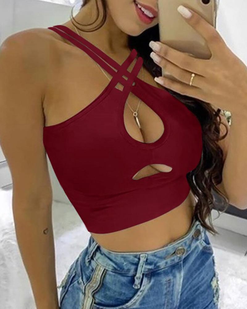 

Plain Cutout Design Spaghetti Strap Halter Tank, Wine red