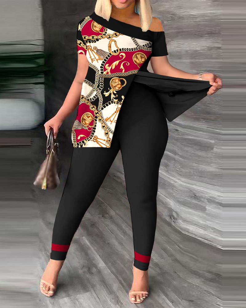 

Plus Size Scarf Chain Print Split Hem Top & Pants Set, Black