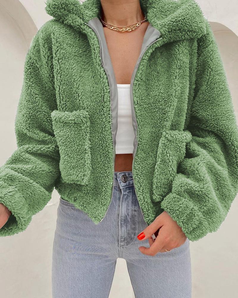 

Lantern Sleeve Pocket Detail Zip Up Teddy Coat, Green
