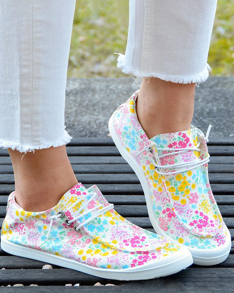 

Ditsy Floral Print Lace-Up Canvas Slip-On, Multicolor