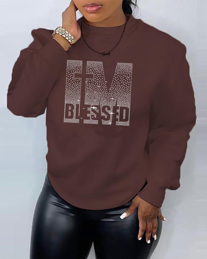 

Rhinestone Letter Pattern Long Sleeve Sweatshirt, Brown