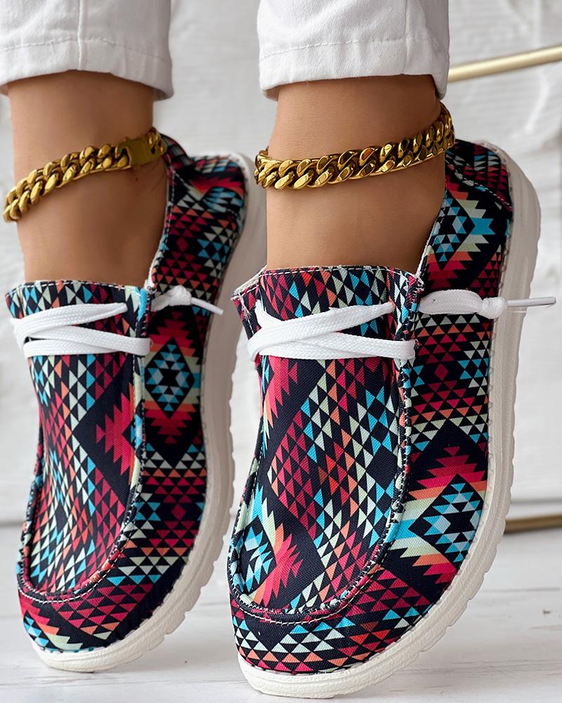 Aztec Geometric Print Lace-up Casual Slip-On