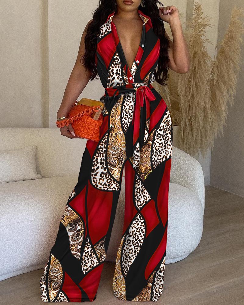 

Baroque Leopard Print Wide Leg Jumpsuit, Red