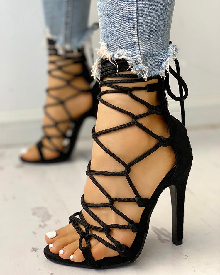 

Hollow Out Lace Up Thin Heels Sandals, Black