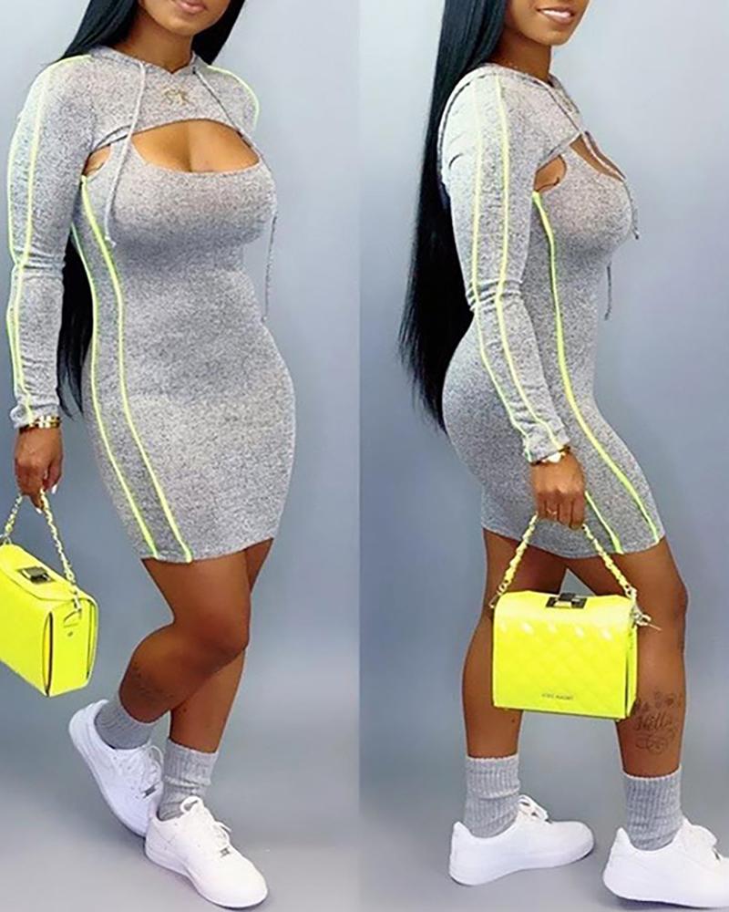 

Colorblock Hooded Long Sleeve Bodycon Dress(2PCS), Gray