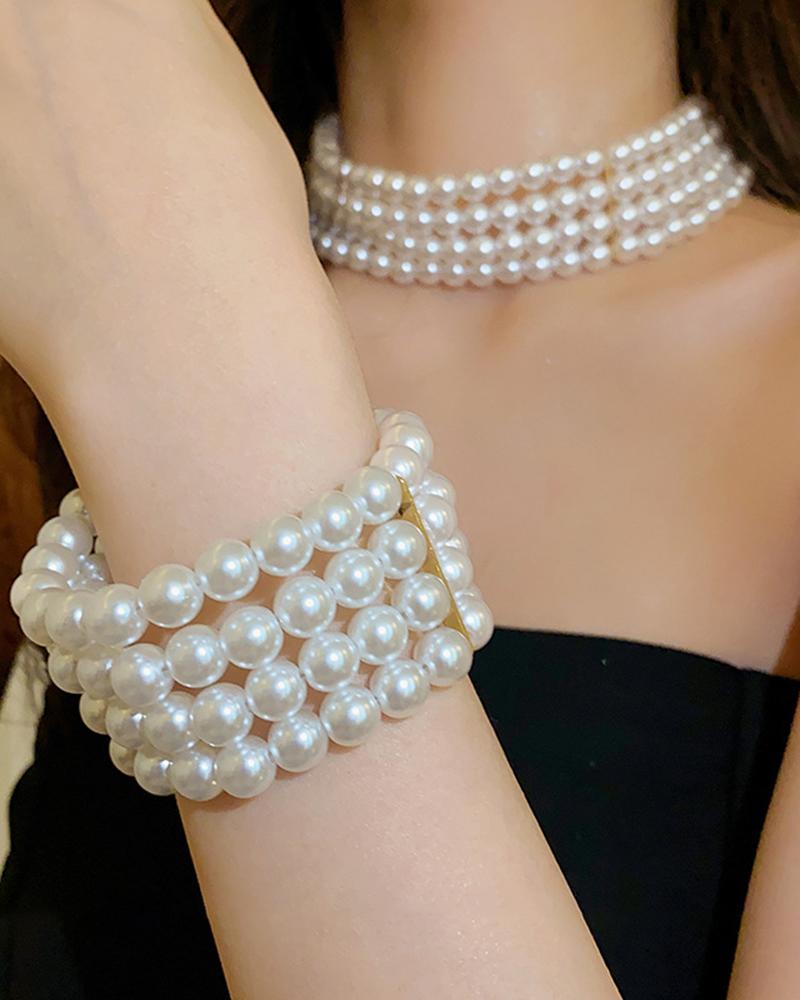 

1pc Pearls Beaded Wide Bracelet, White