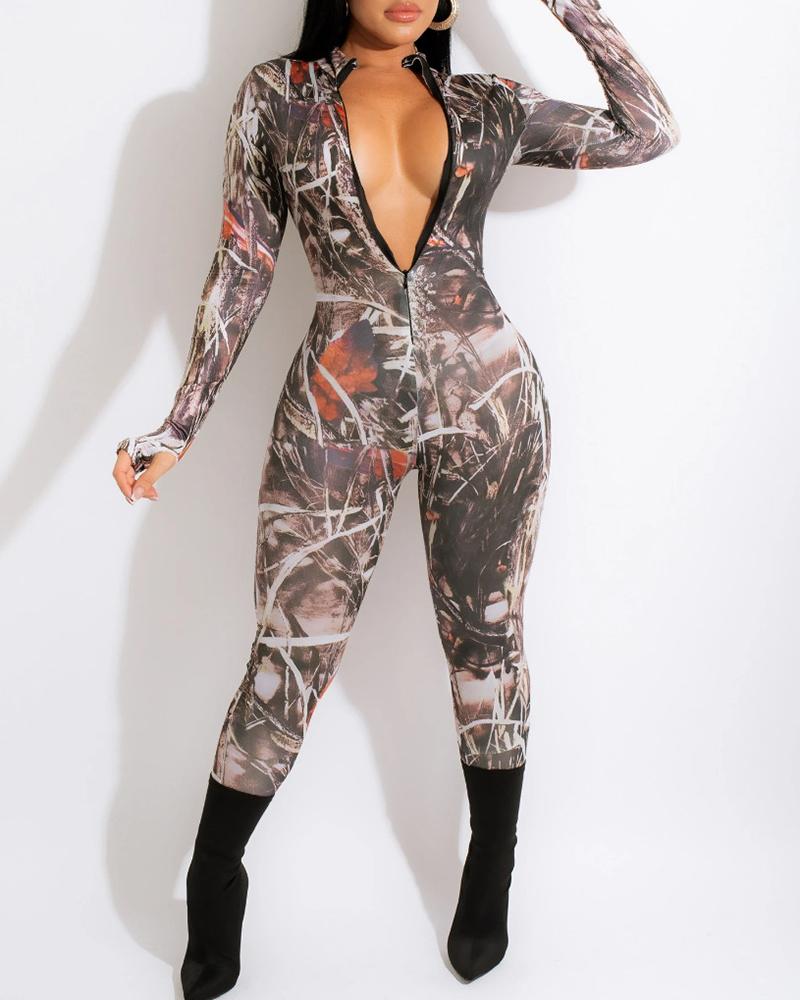 

Zipper Design Long Sleeve Graphic Print Jumpsuit, Gray