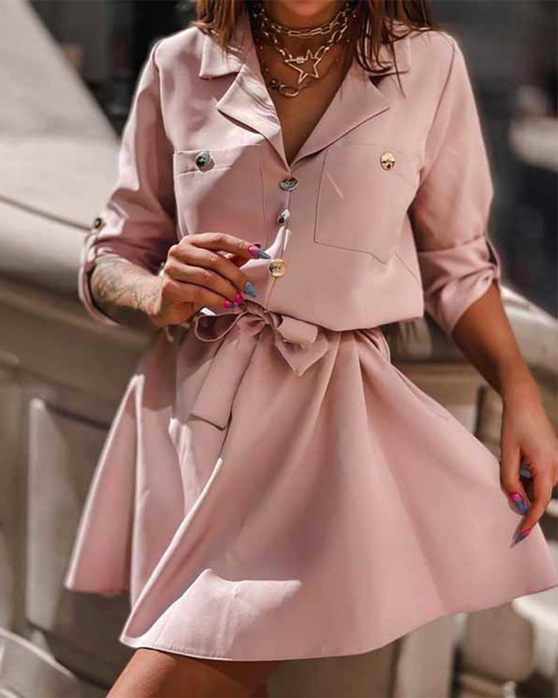 

Notched Collar Button Decor Pocket Tie Front Culotte Dress, Pink