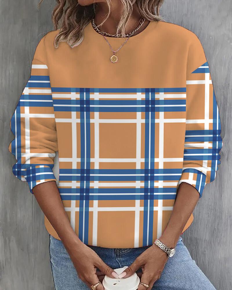 

Plaid Print O-Neck Long Sleeve Top, Khaki