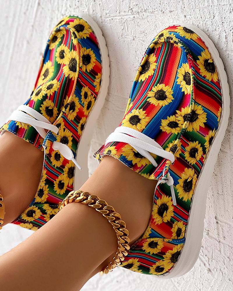 

Sunflower Print Ombre Lace-up Slip-On Loafers, Multicolor