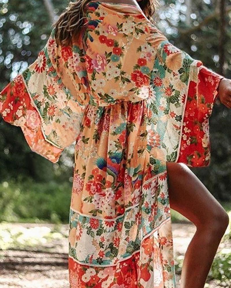 

Floral Print Beach Loose Long Sleeve Bikini Cover Up, Red