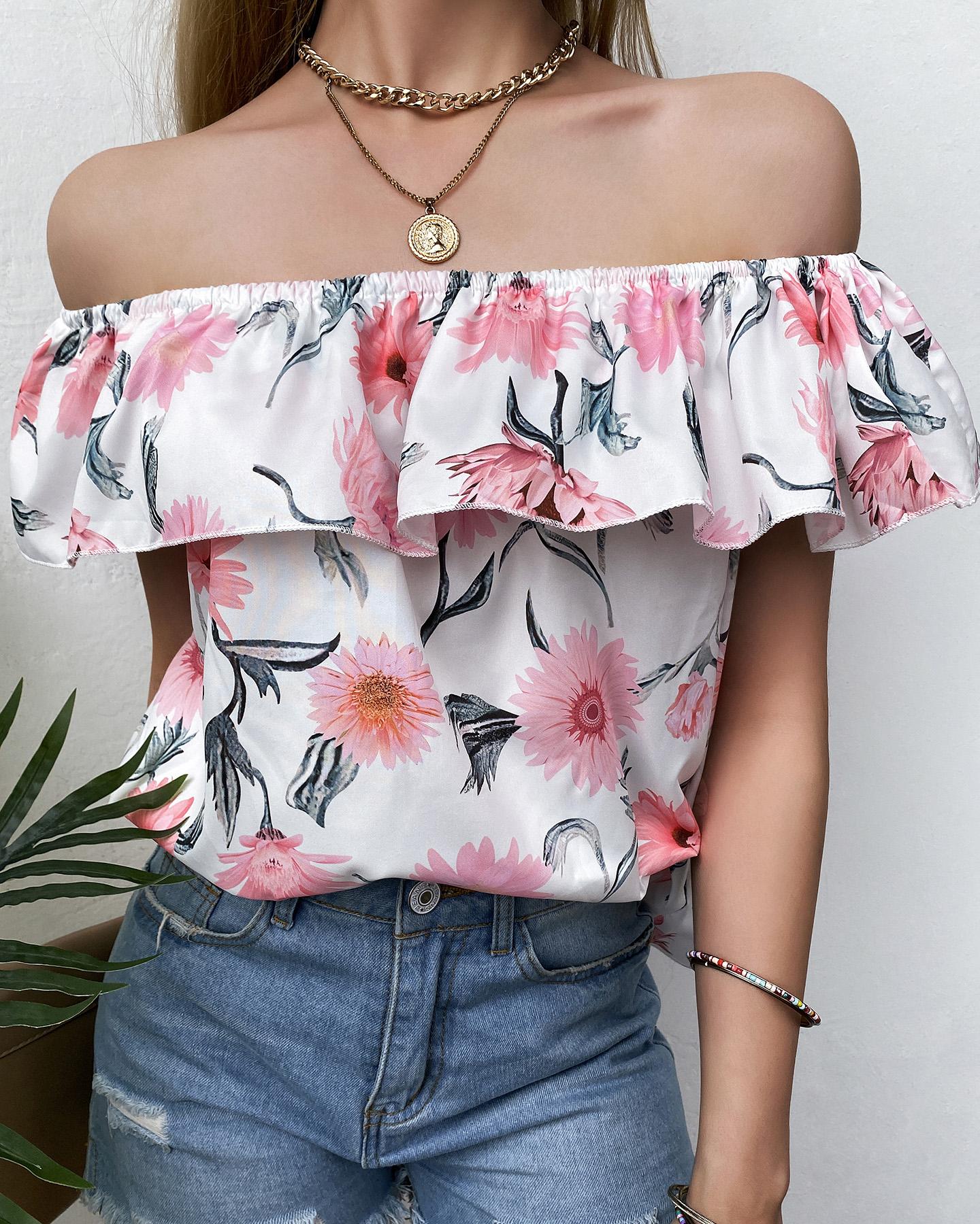 

Off Shoulder Floral Print Ruffles Top, White